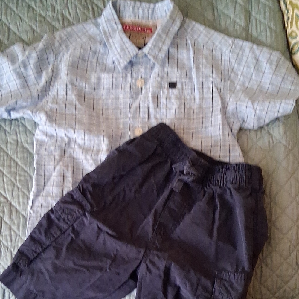 Quicksilver Light Blue Checkered Shirt And Carters Navy Shorts Set